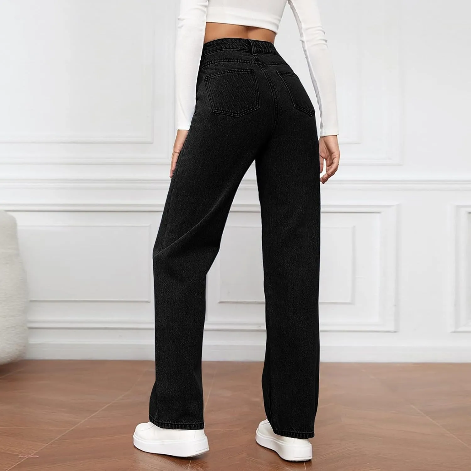 High Rise Jeans for Women Wide Leg Stretchy Pants Straight Leg Loose Denim Tummy Control Trousers with Pockets