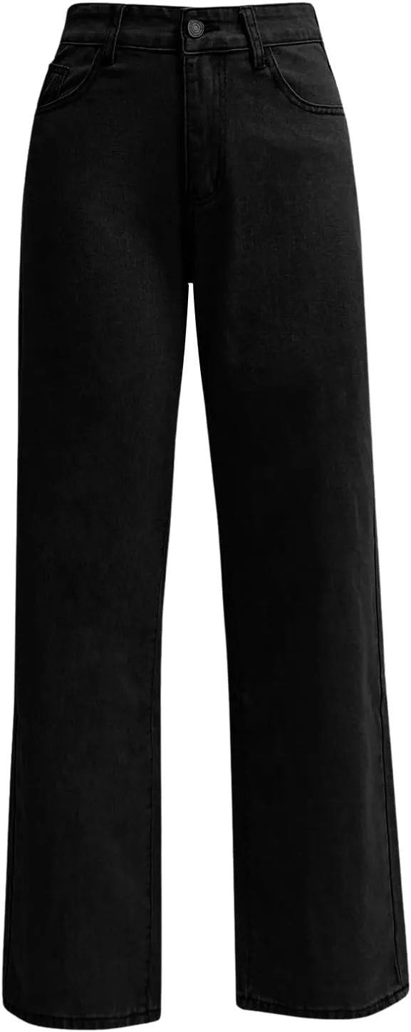High Rise Jeans for Women Wide Leg Stretchy Pants Straight Leg Loose Denim Tummy Control Trousers with Pockets