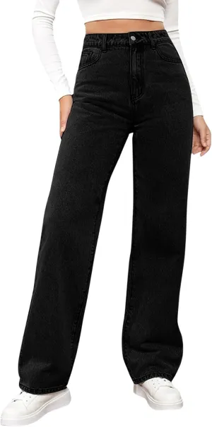 High Rise Jeans for Women Wide Leg Stretchy Pants Straight Leg Loose Denim Tummy Control Trousers with Pockets