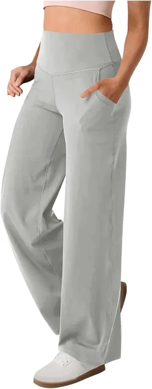 High Waist Tummy Control Pants for Women Loose Wide Leg Trousers with Pocket Comfy Workout Yoga Leggings