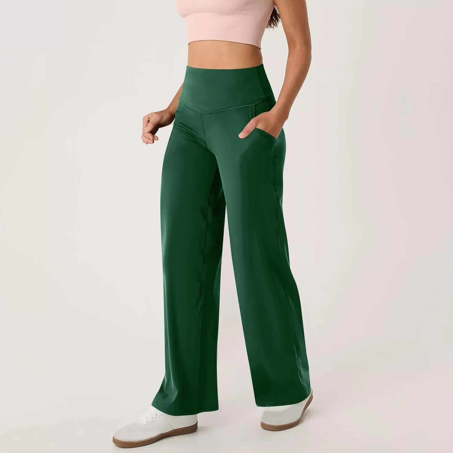 High Waist Tummy Control Pants for Women Loose Wide Leg Trousers with Pocket Comfy Workout Yoga Leggings