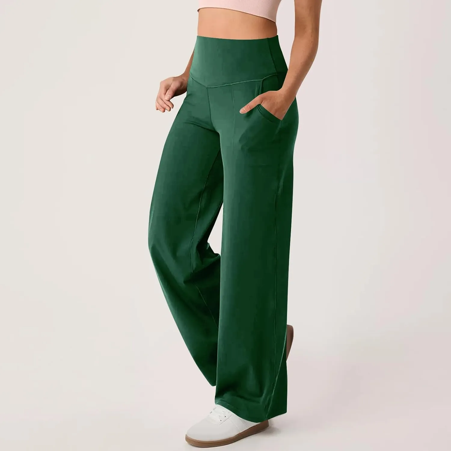 High Waist Tummy Control Pants for Women Loose Wide Leg Trousers with Pocket Comfy Workout Yoga Leggings