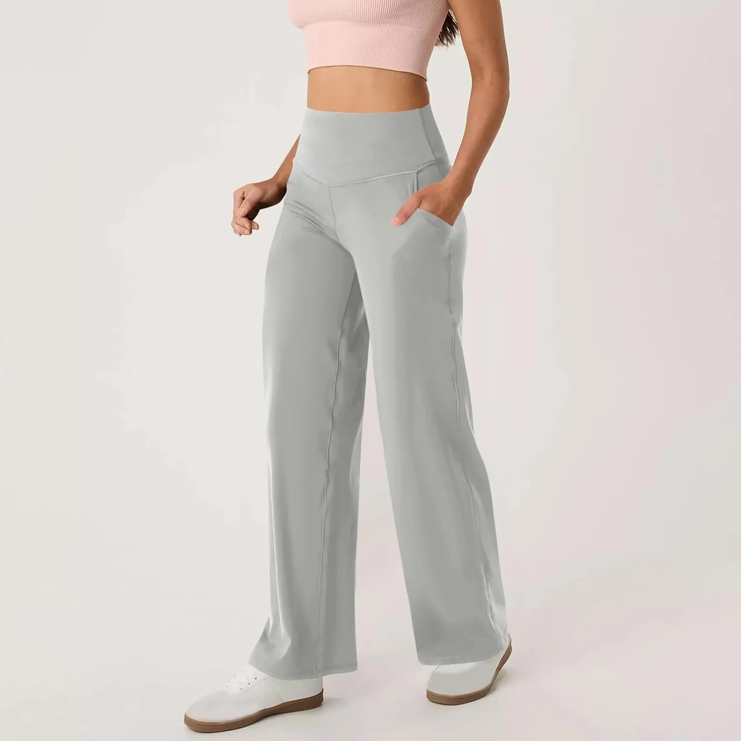 High Waist Tummy Control Pants for Women Loose Wide Leg Trousers with Pocket Comfy Workout Yoga Leggings