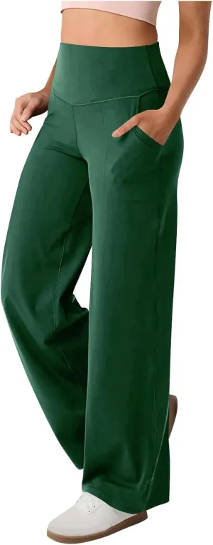 High Waist Tummy Control Pants for Women Loose Wide Leg Trousers with Pocket Comfy Workout Yoga Leggings