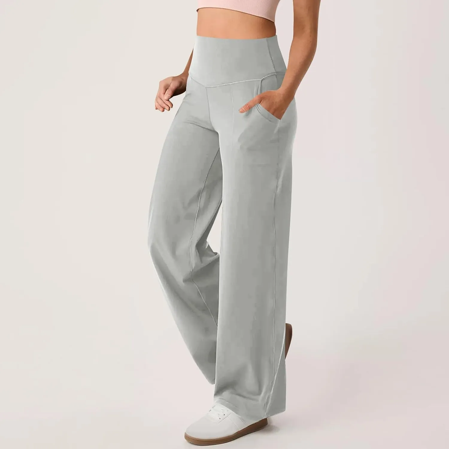 High Waist Tummy Control Pants for Women Loose Wide Leg Trousers with Pocket Comfy Workout Yoga Leggings
