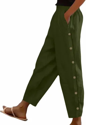 High Waisted Pants for Women Casual Linen Slacks Loose Wide Leg Trousers Side Button Elastic Waist Straight Pants