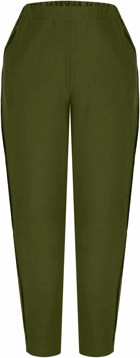 High Waisted Pants for Women Casual Linen Slacks Loose Wide Leg Trousers Side Button Elastic Waist Straight Pants