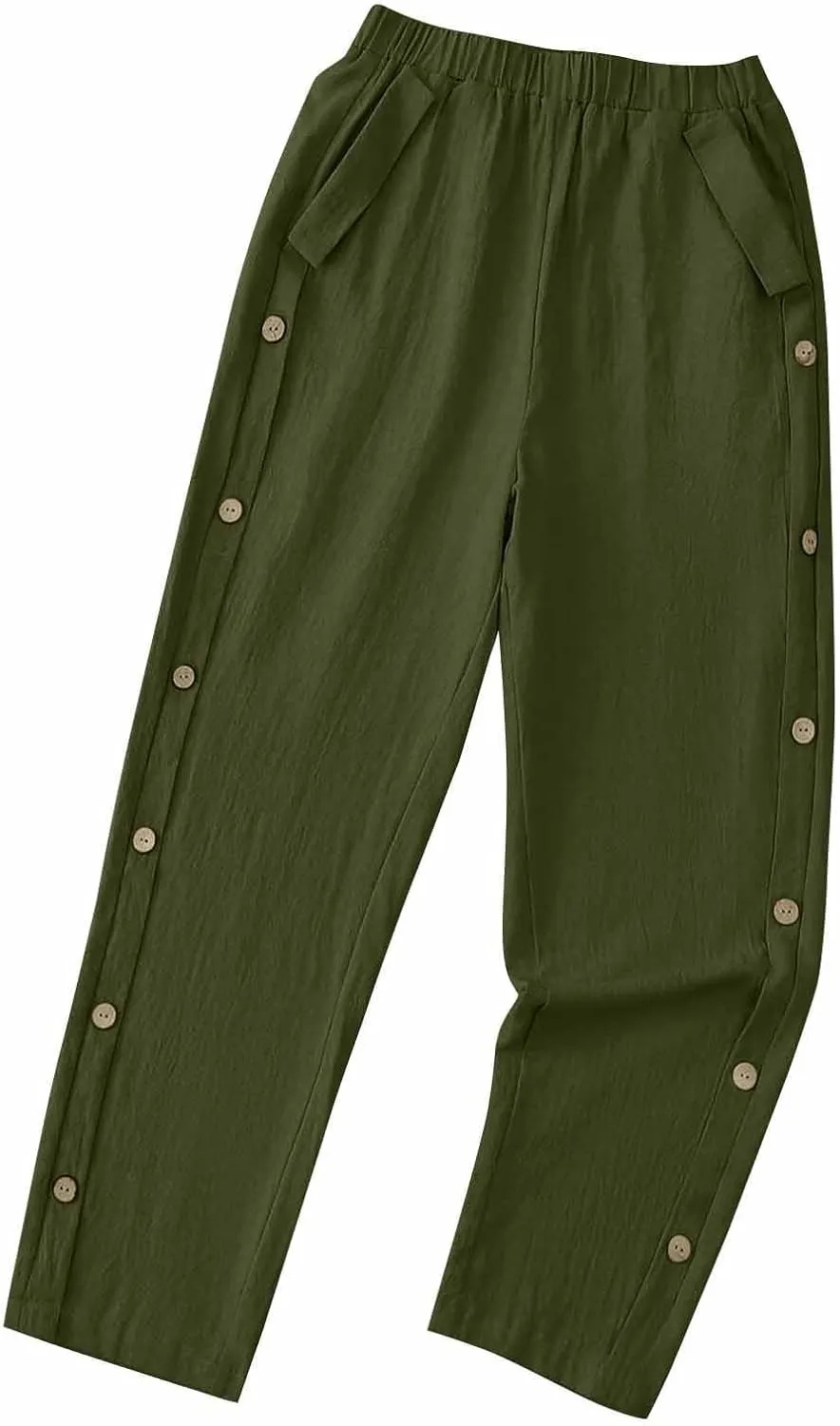 High Waisted Pants for Women Casual Linen Slacks Loose Wide Leg Trousers Side Button Elastic Waist Straight Pants