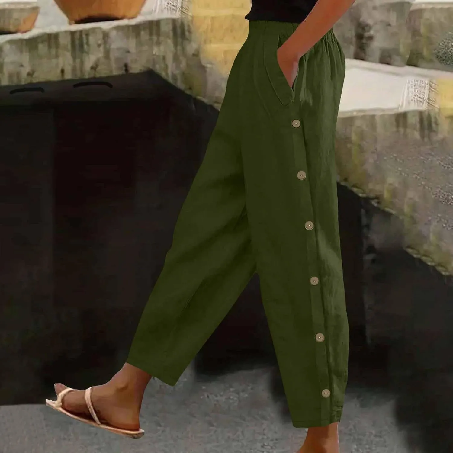 High Waisted Pants for Women Casual Linen Slacks Loose Wide Leg Trousers Side Button Elastic Waist Straight Pants