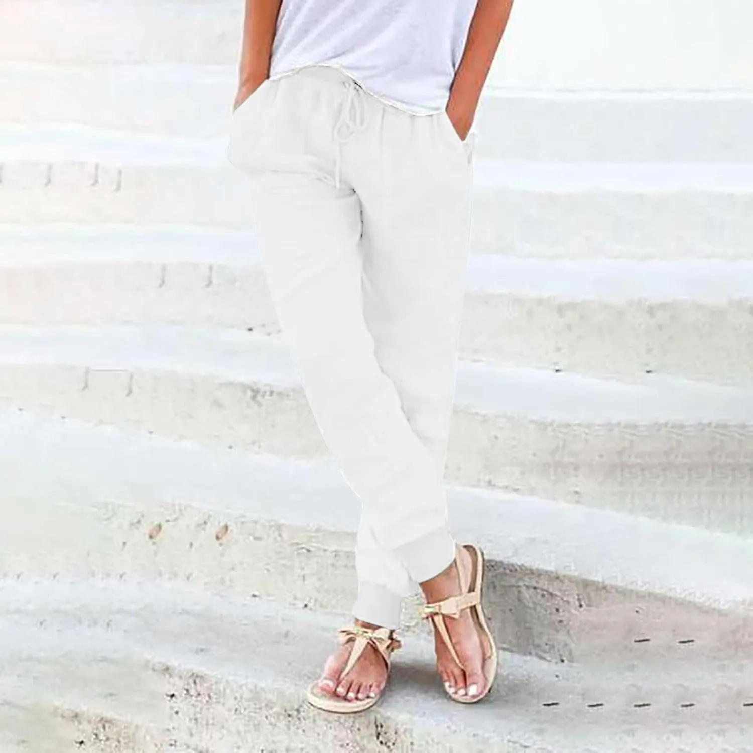 High Waisted Trousers Women Casual Ankle Length Tapered Pant Linen Drawstring Waist Summer Casual Pull On Sweatpant
