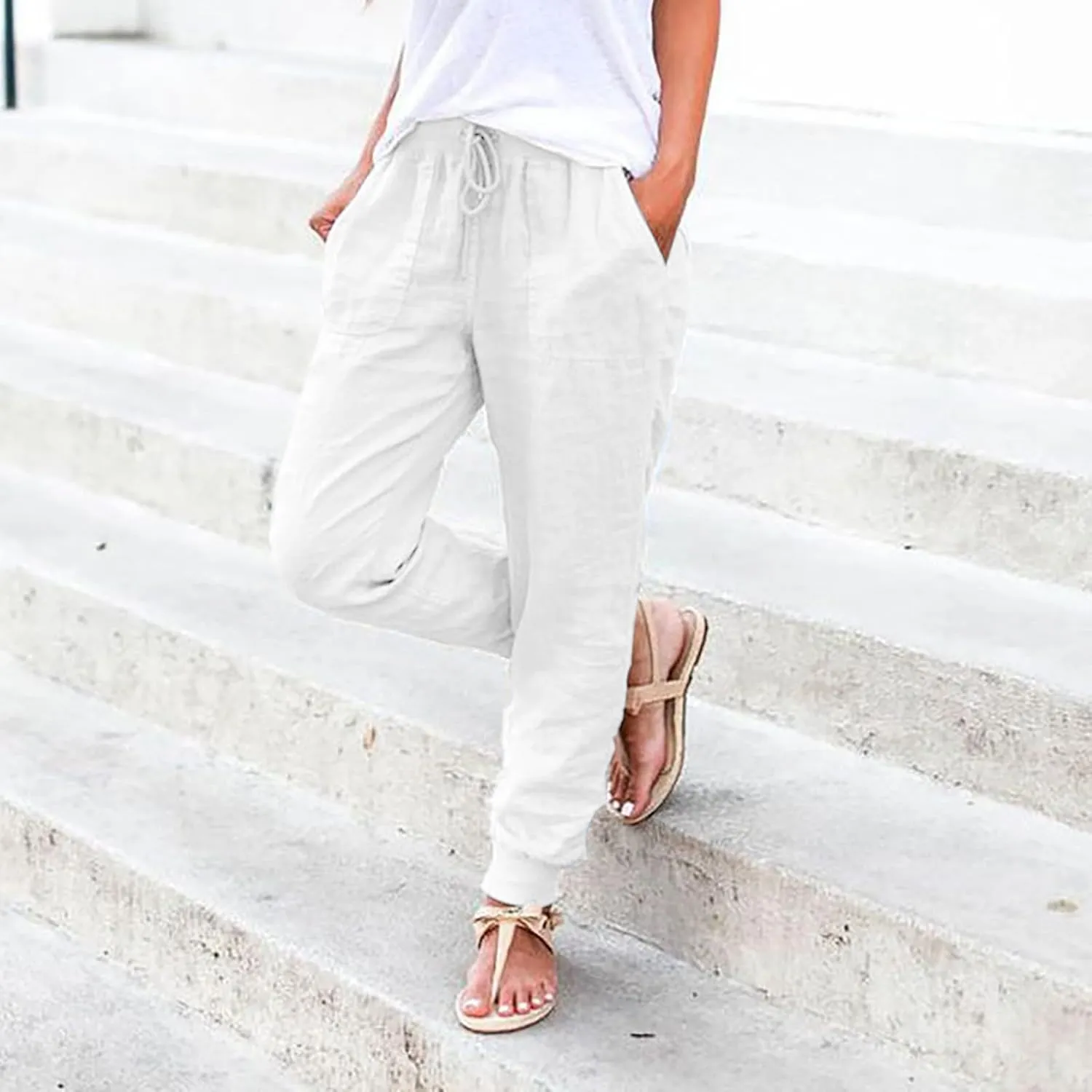 High Waisted Trousers Women Casual Ankle Length Tapered Pant Linen Drawstring Waist Summer Casual Pull On Sweatpant