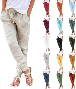 High Waisted Trousers Women Casual Ankle Length Tapered Pant Linen Drawstring Waist Summer Casual Pull On Sweatpant