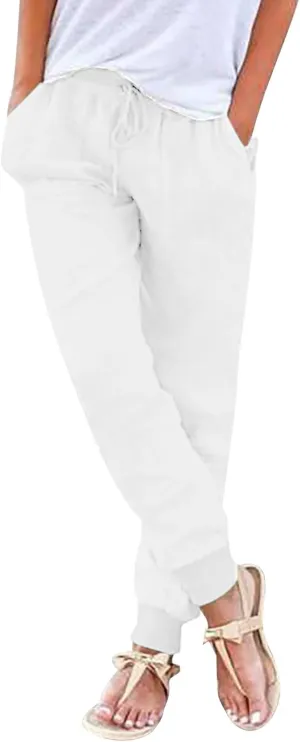 High Waisted Trousers Women Casual Ankle Length Tapered Pant Linen Drawstring Waist Summer Casual Pull On Sweatpant