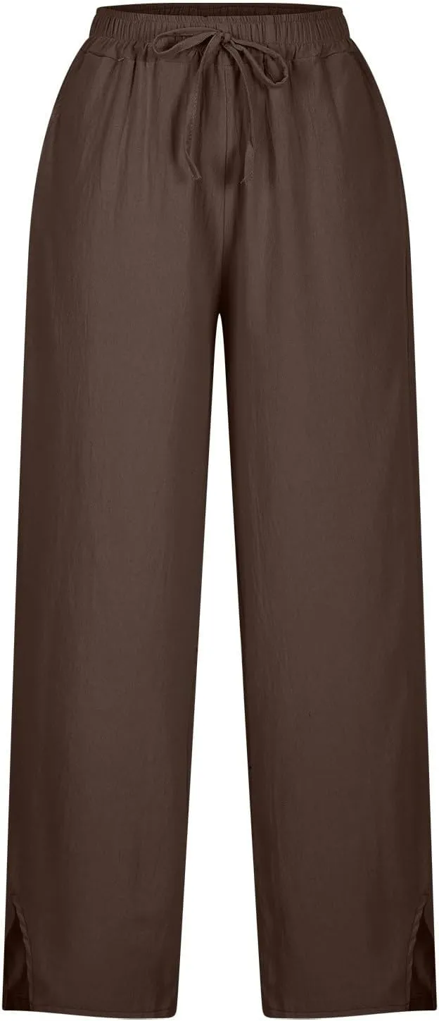 High Waisted Women's Linen Pants Comfy Wide Leg Long Trousers Flowy Cotton Linen Pants 2025 Summer Palazzo Slacks