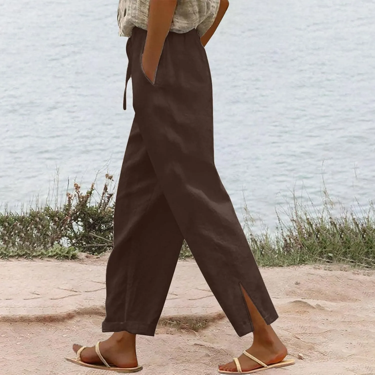 High Waisted Women's Linen Pants Comfy Wide Leg Long Trousers Flowy Cotton Linen Pants 2025 Summer Palazzo Slacks