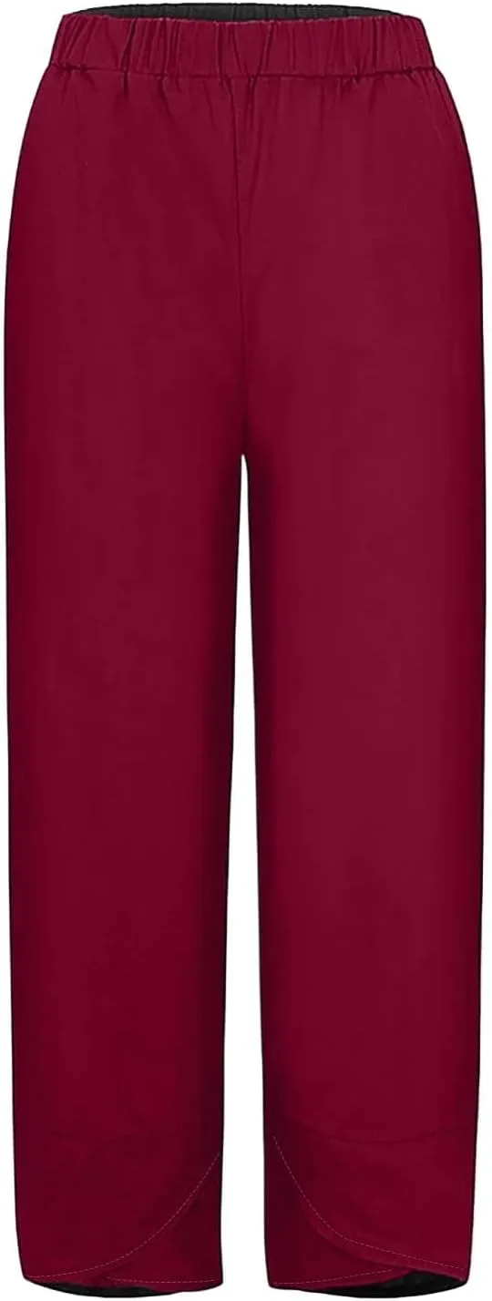 Hiking Pants Women 2025 Summer Cotton Linen Elastic Wiast Palazzo Trousers Stretch Loose Work Casual Pant with Pocket