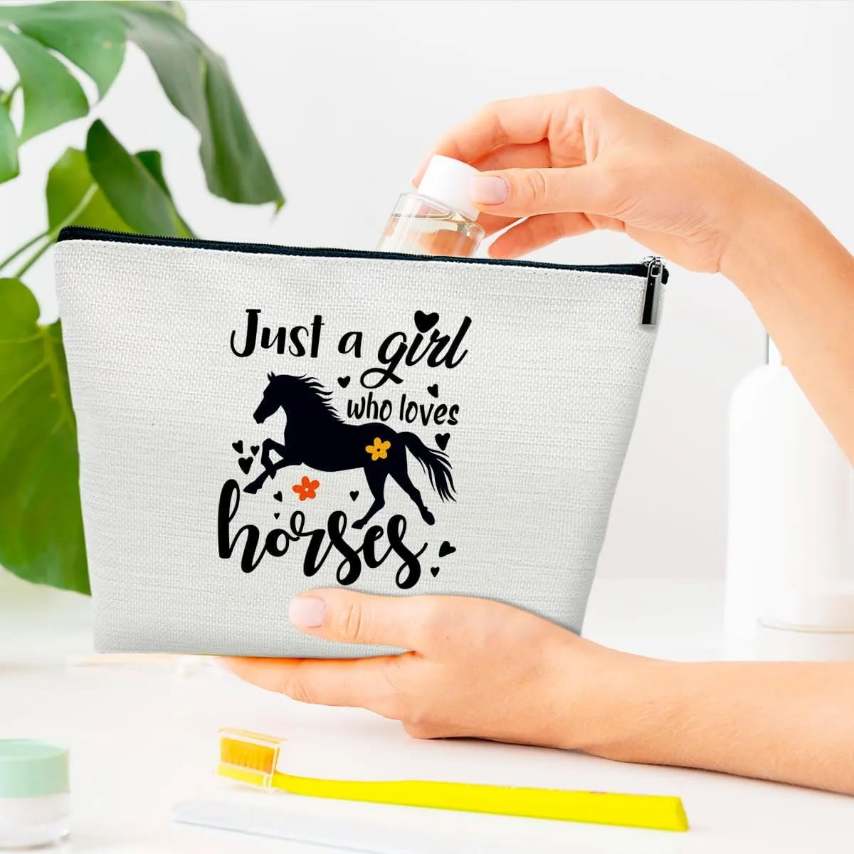 Horse Gifts Makeup Bag, Just A Girl Who Loves Horses, Cute Cosmetic Bag for Purse, Gifts for Animal Lovers, Owners, Women, Besties, Daughter, Best Friends