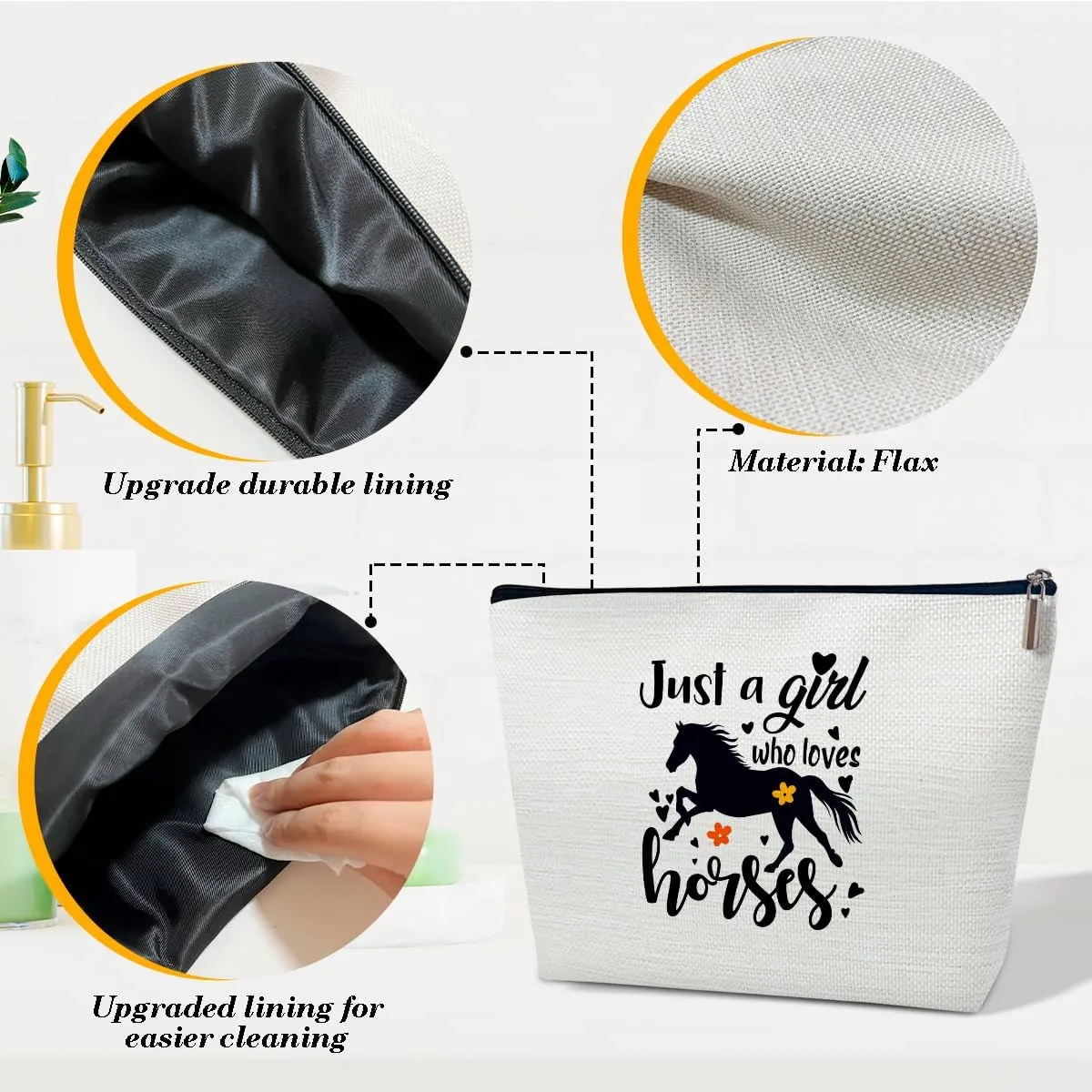 Horse Gifts Makeup Bag, Just A Girl Who Loves Horses, Cute Cosmetic Bag for Purse, Gifts for Animal Lovers, Owners, Women, Besties, Daughter, Best Friends