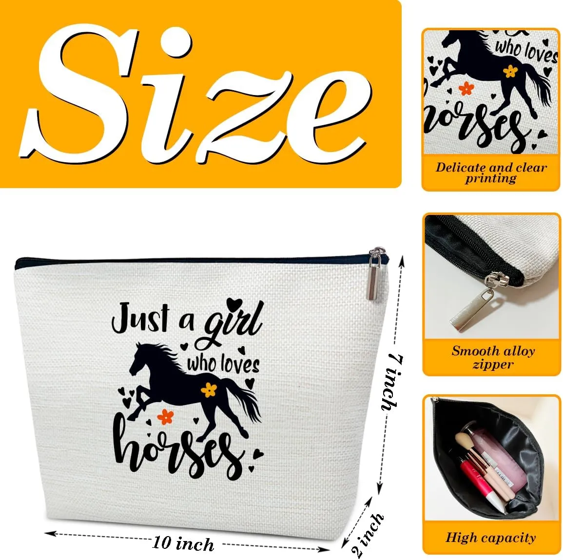 Horse Gifts Makeup Bag, Just A Girl Who Loves Horses, Cute Cosmetic Bag for Purse, Gifts for Animal Lovers, Owners, Women, Besties, Daughter, Best Friends