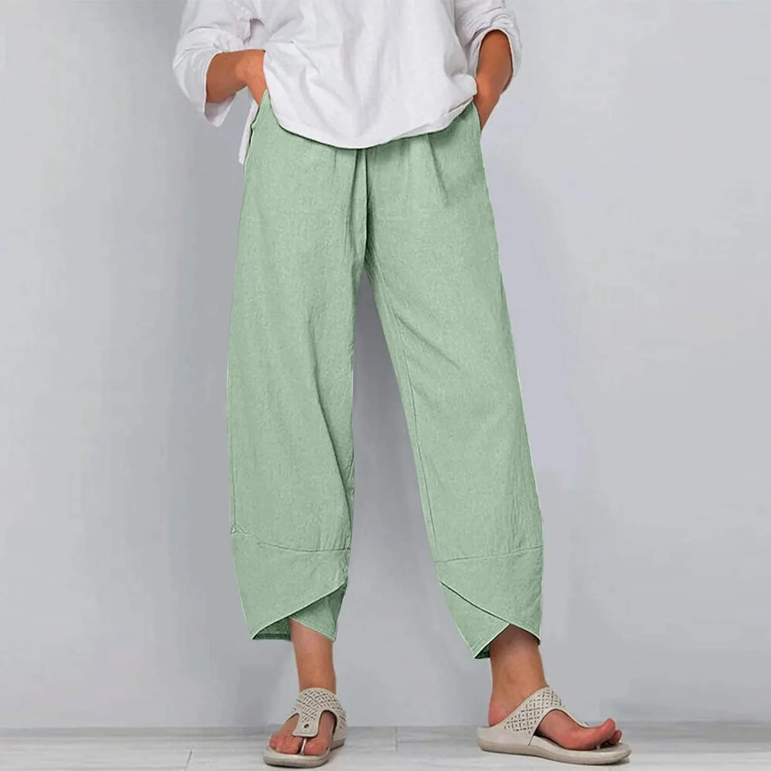 HOTYD Cotton Linen Pants Casual Summer Capri Pants for Women Baggy Elastic Waisted Yoga Trousers Wide Leg Cropped Pants