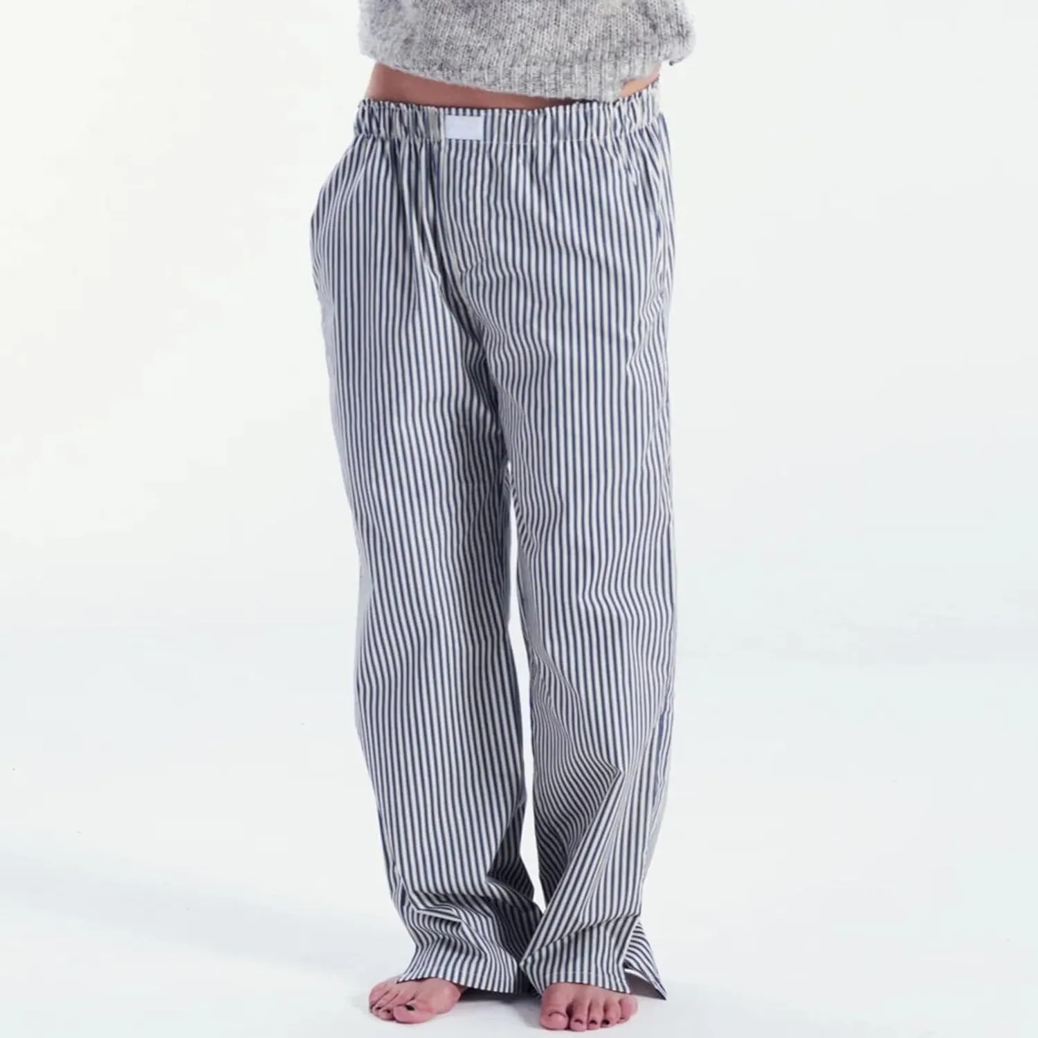 HOXIJIA Women Casual Striped Print Long Pants Elastic High Waist Loose Fit Straight Wide Leg Trousers Y2K Streetwear
