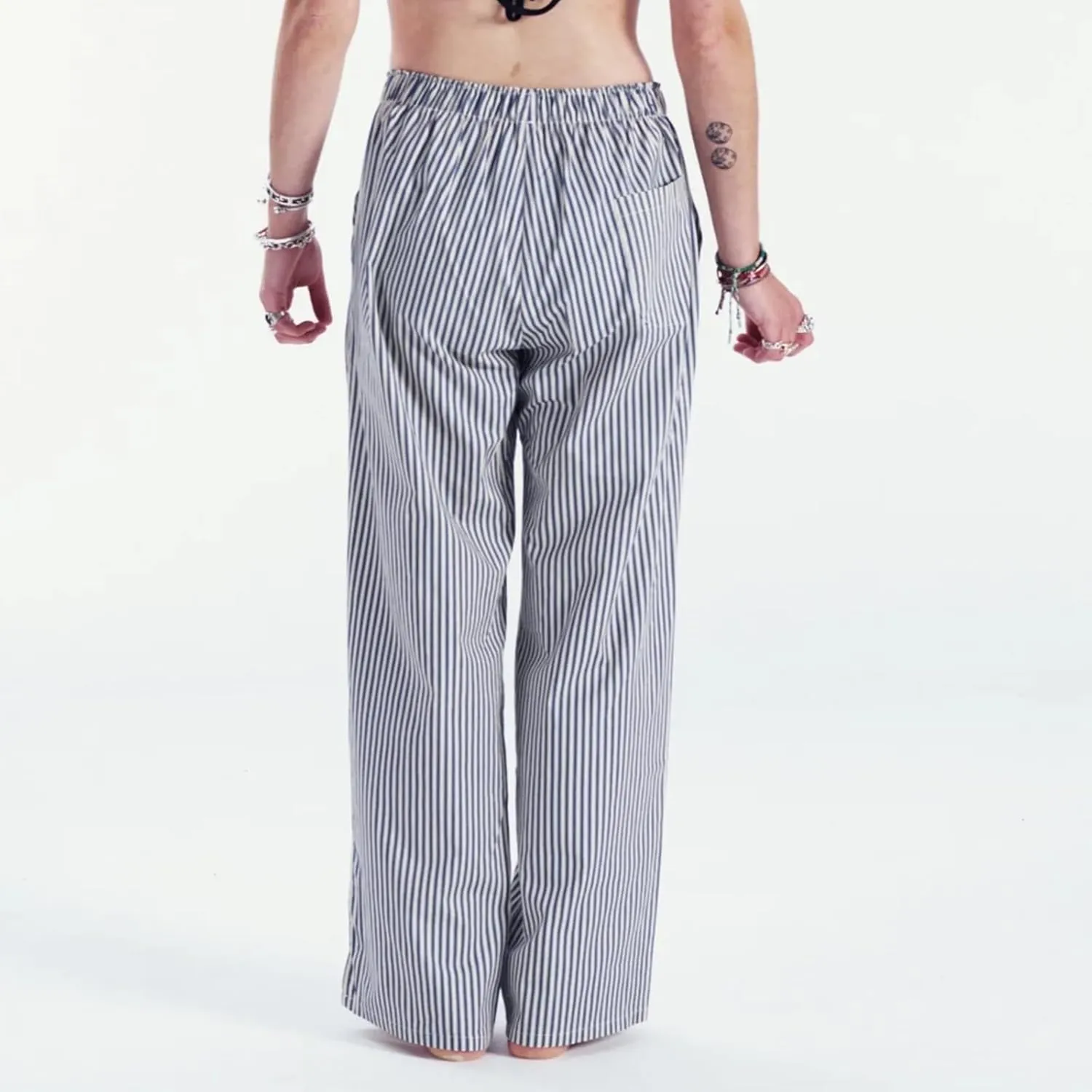 HOXIJIA Women Casual Striped Print Long Pants Elastic High Waist Loose Fit Straight Wide Leg Trousers Y2K Streetwear