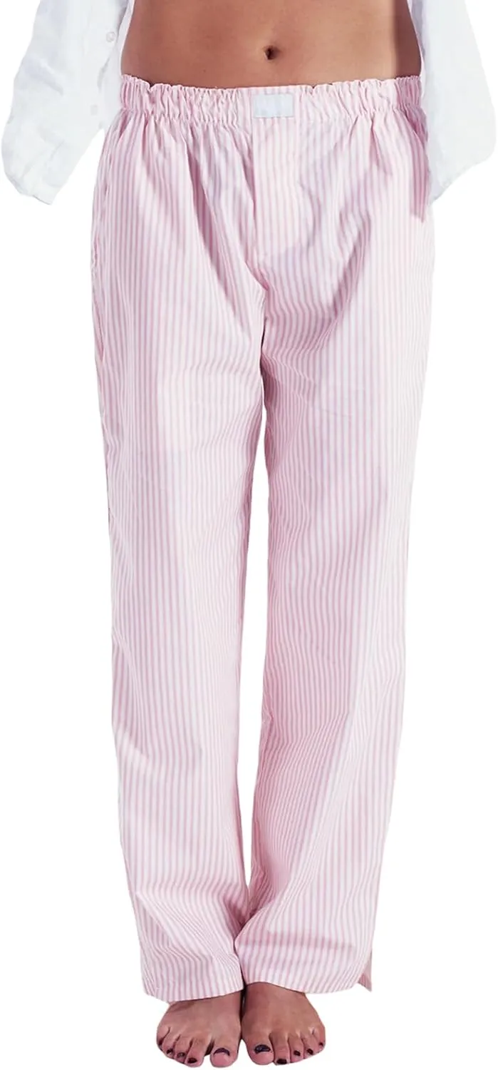 HOXIJIA Women Casual Striped Print Long Pants Elastic High Waist Loose Fit Straight Wide Leg Trousers Y2K Streetwear