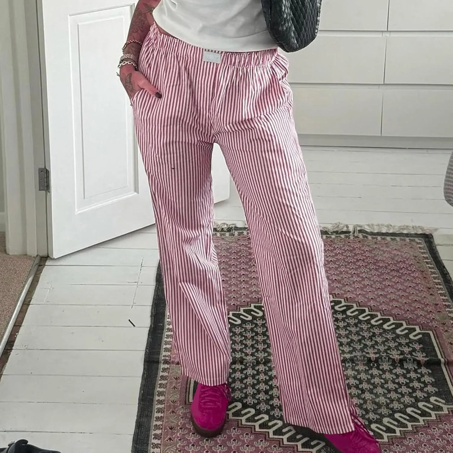 HOXIJIA Women Casual Striped Print Long Pants Elastic High Waist Loose Fit Straight Wide Leg Trousers Y2K Streetwear