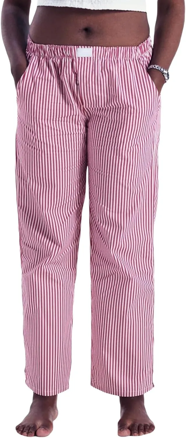 HOXIJIA Women Casual Striped Print Long Pants Elastic High Waist Loose Fit Straight Wide Leg Trousers Y2K Streetwear