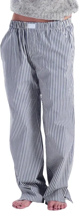 HOXIJIA Women Casual Striped Print Long Pants Elastic High Waist Loose Fit Straight Wide Leg Trousers Y2K Streetwear