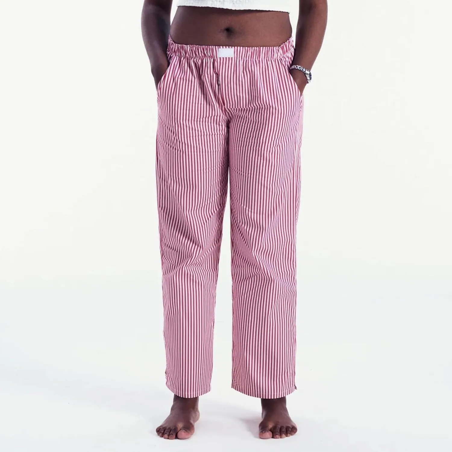 HOXIJIA Women Casual Striped Print Long Pants Elastic High Waist Loose Fit Straight Wide Leg Trousers Y2K Streetwear