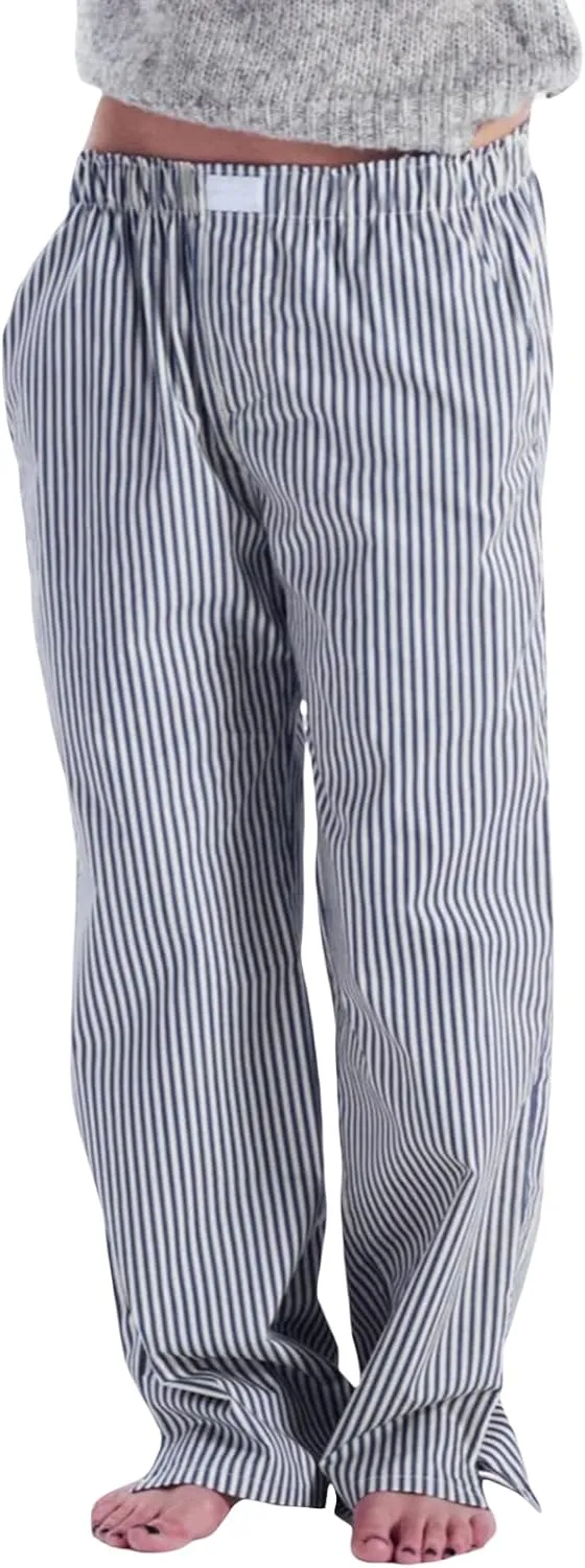 HOXIJIA Women Casual Striped Print Long Pants Elastic High Waist Loose Fit Straight Wide Leg Trousers Y2K Streetwear