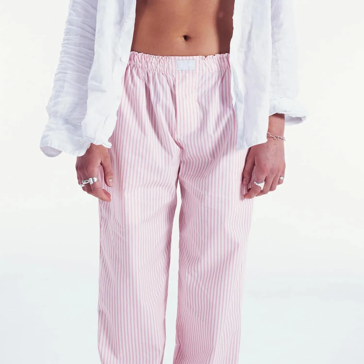 HOXIJIA Women Casual Striped Print Long Pants Elastic High Waist Loose Fit Straight Wide Leg Trousers Y2K Streetwear