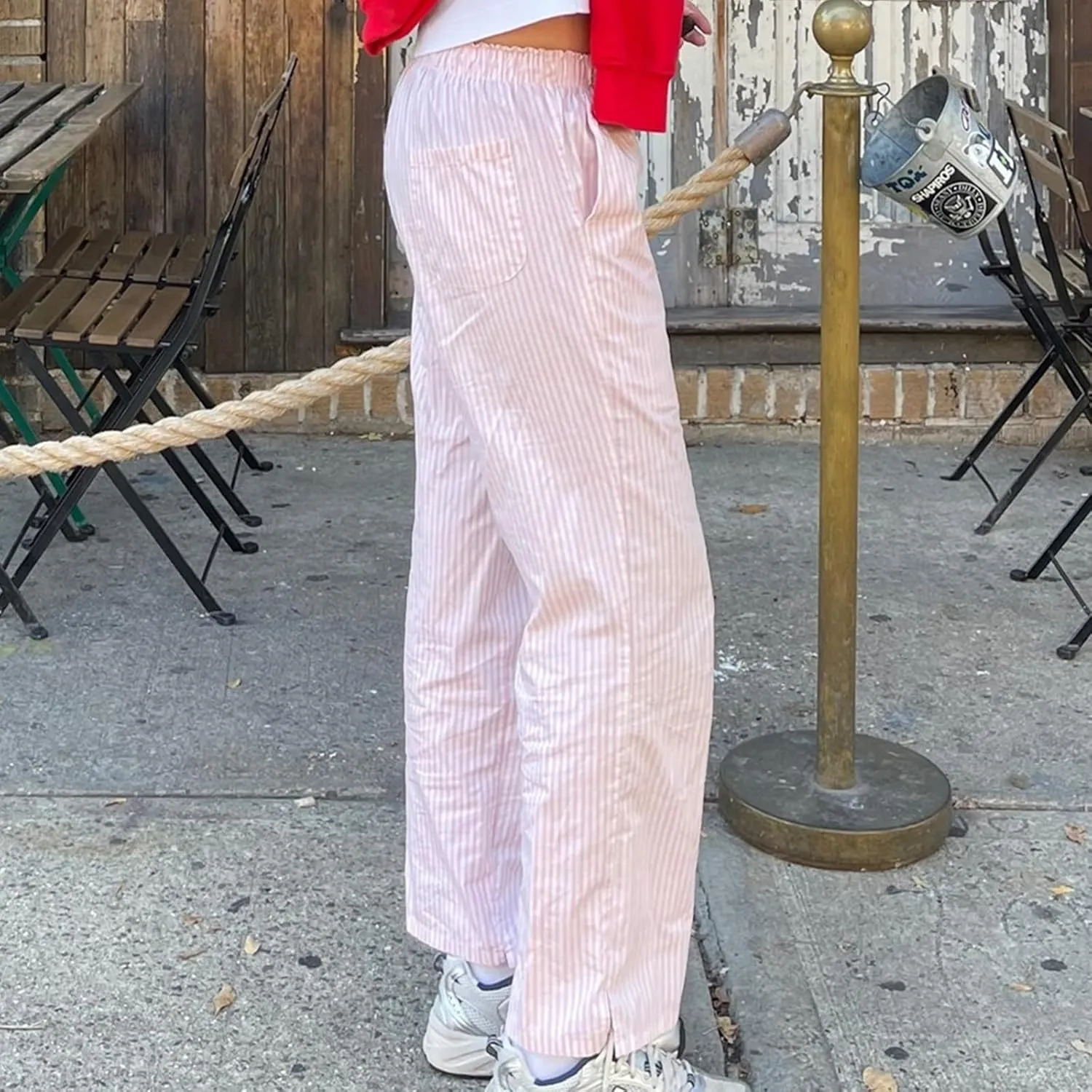 HOXIJIA Women Casual Striped Print Long Pants Elastic High Waist Loose Fit Straight Wide Leg Trousers Y2K Streetwear