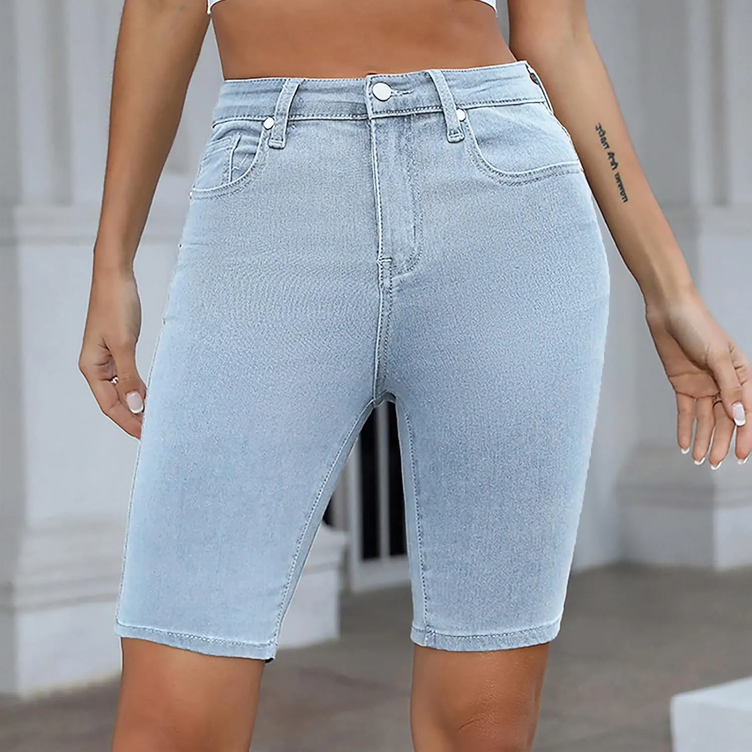 Jean Shorts for Women Denim High Waisted Roll Up Hem Straight Leg Denim Jean Shorts Stretch Summer Short Pants with Pockets