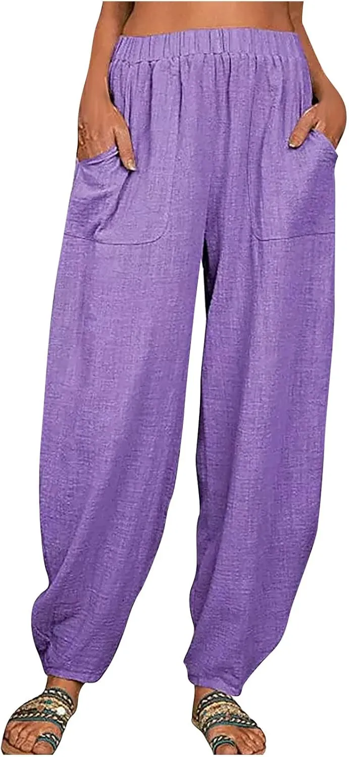 JOAU Cotton Linen Casual Summer Pants for Women Comfy Baggy High Waist Trousers with Pockets Lightweight Lounge Loose Pants