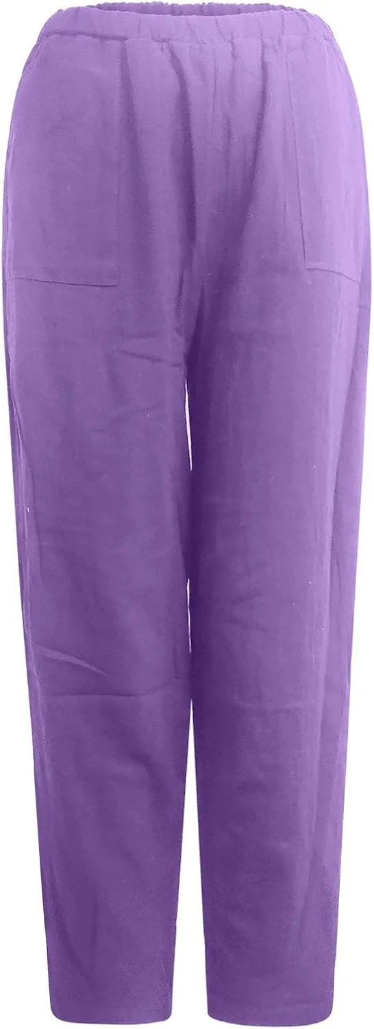JOAU Cotton Linen Casual Summer Pants for Women Comfy Baggy High Waist Trousers with Pockets Lightweight Lounge Loose Pants
