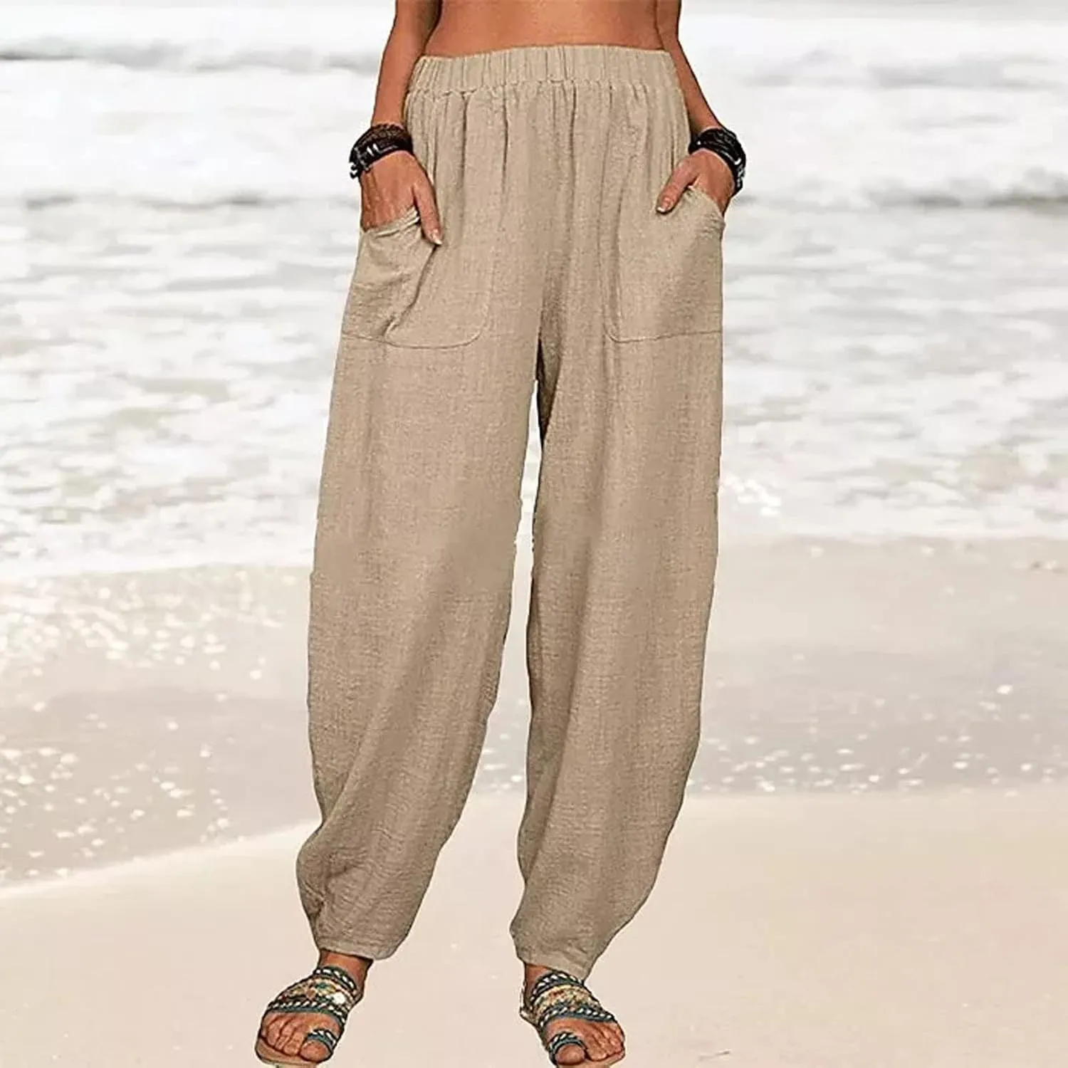 JOAU Cotton Linen Casual Summer Pants for Women Comfy Baggy High Waist Trousers with Pockets Lightweight Lounge Loose Pants
