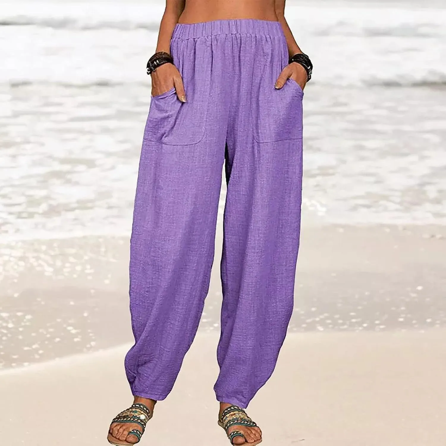 JOAU Cotton Linen Casual Summer Pants for Women Comfy Baggy High Waist Trousers with Pockets Lightweight Lounge Loose Pants