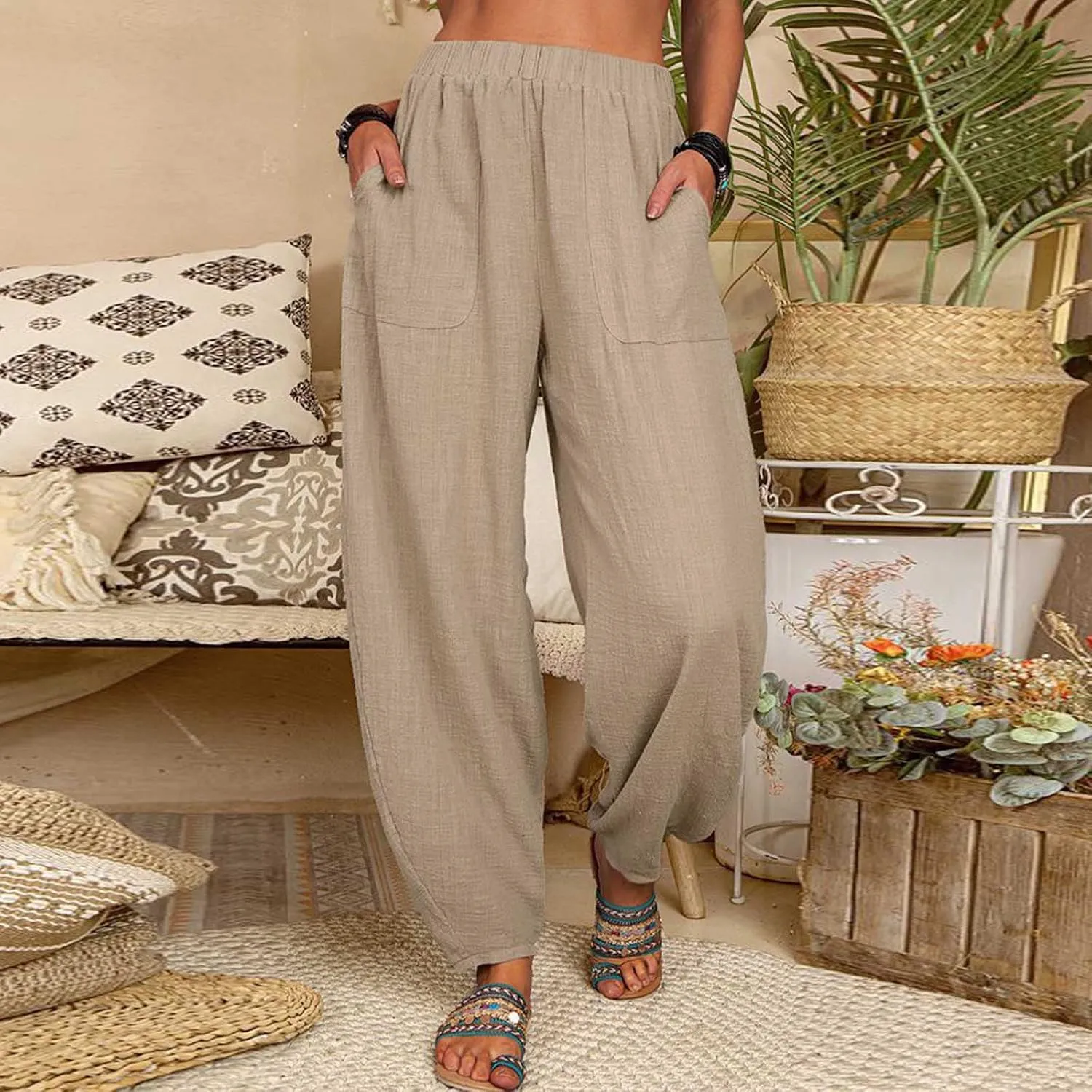 JOAU Cotton Linen Casual Summer Pants for Women Comfy Baggy High Waist Trousers with Pockets Lightweight Lounge Loose Pants