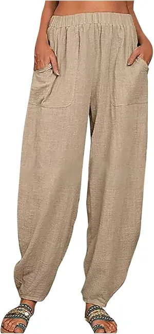 JOAU Cotton Linen Casual Summer Pants for Women Comfy Baggy High Waist Trousers with Pockets Lightweight Lounge Loose Pants