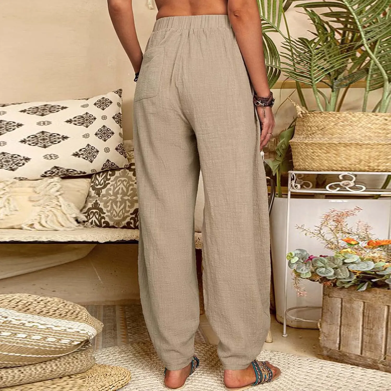 JOAU Cotton Linen Casual Summer Pants for Women Comfy Baggy High Waist Trousers with Pockets Lightweight Lounge Loose Pants