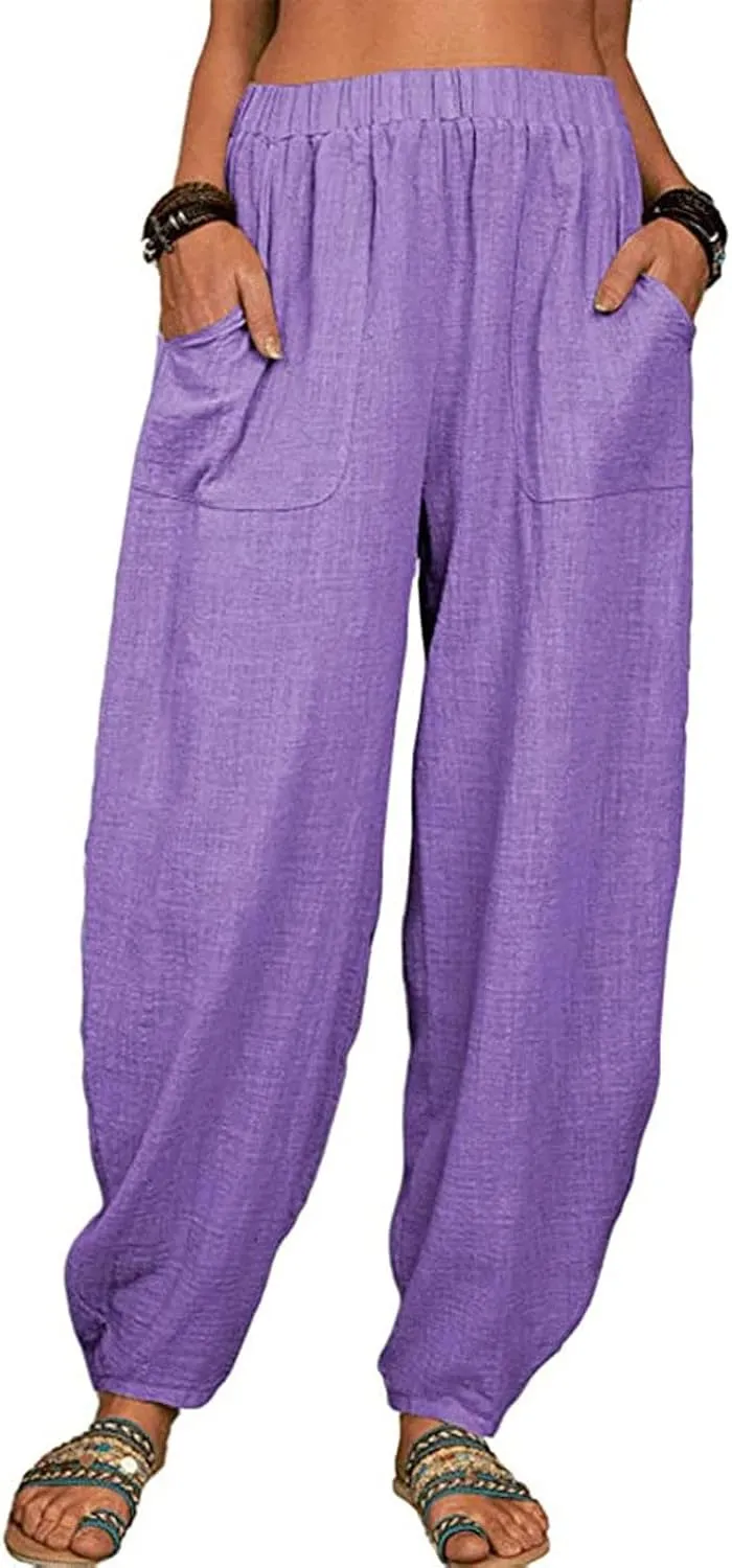 JOAU Cotton Linen Casual Summer Pants for Women Comfy Baggy High Waist Trousers with Pockets Lightweight Lounge Loose Pants