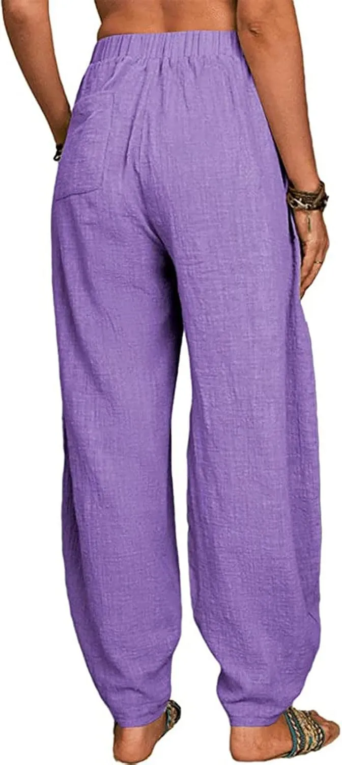 JOAU Cotton Linen Casual Summer Pants for Women Comfy Baggy High Waist Trousers with Pockets Lightweight Lounge Loose Pants