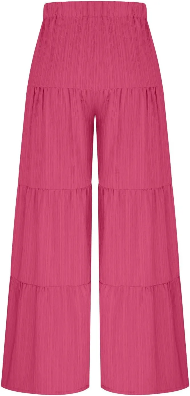 JOAU Women's Flowy Boho Elastic High Waist Ruffle Hem Wide Leg Beach Loose Palazzo Pants Summer Baggy Tiered Flared Trousers
