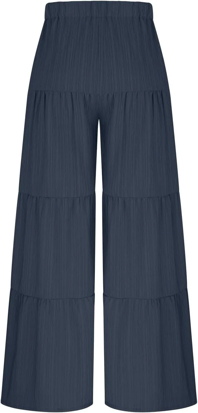 JOAU Women's Flowy Boho Elastic High Waist Ruffle Hem Wide Leg Beach Loose Palazzo Pants Summer Baggy Tiered Flared Trousers