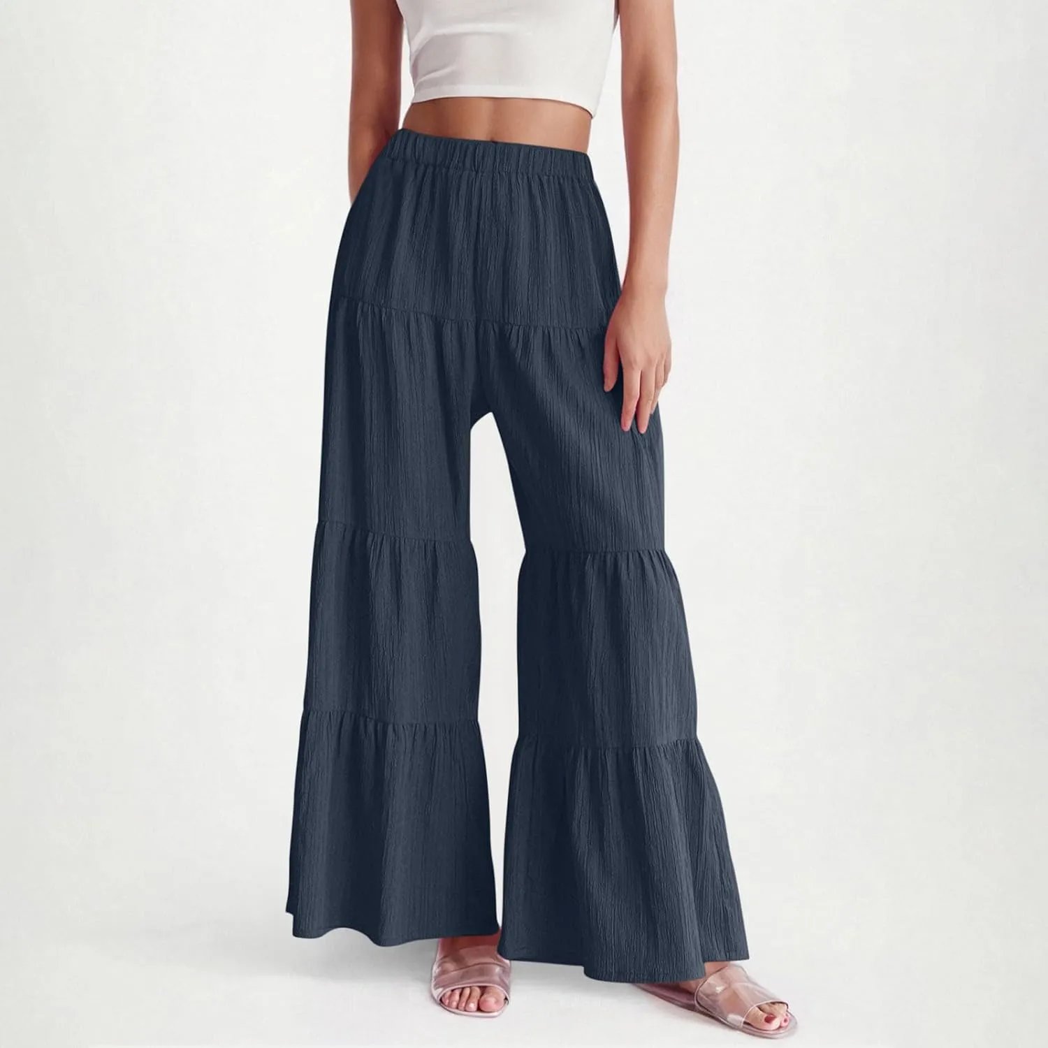 JOAU Women's Flowy Boho Elastic High Waist Ruffle Hem Wide Leg Beach Loose Palazzo Pants Summer Baggy Tiered Flared Trousers