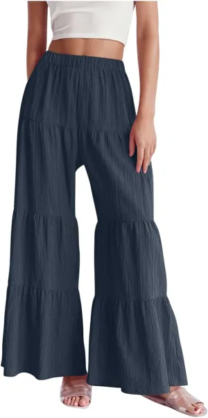 JOAU Women's Flowy Boho Elastic High Waist Ruffle Hem Wide Leg Beach Loose Palazzo Pants Summer Baggy Tiered Flared Trousers