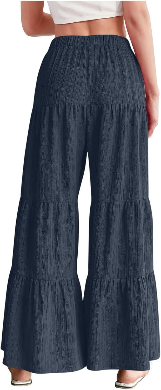 JOAU Women's Flowy Boho Elastic High Waist Ruffle Hem Wide Leg Beach Loose Palazzo Pants Summer Baggy Tiered Flared Trousers