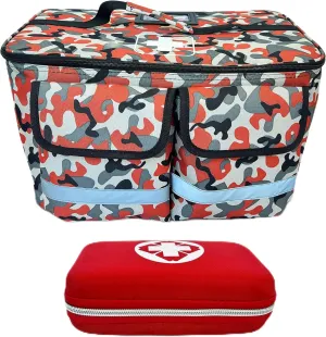 Kamo's Market Waterproof Organizer Bag   18 Pc First Aid Starter Kit  Red Camo Travel Pouch for Car, Diaper Bag, Coaches & Everyday Emergencies  Durable Polyester EMS-Style Bag